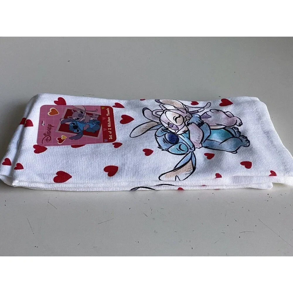 2 Pack Disney Stitch And Angel Kitchen‎ Towels Hearts Valentine's Day Love NEW